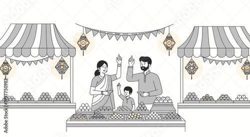 Illustration of a family with a child standing on a decorated platform between two market stalls with striped awnings and hanging lanterns.