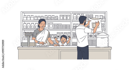 Illustration of a man and woman with a child at a pharmacy counter with shelves of products.