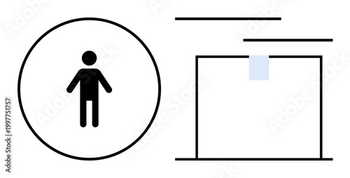 Social identity, individuality, minimalism, organization, human , conceptual art. A person icon inside a circle next to geometric lines and shapes. Social identity and individuality symbol concept