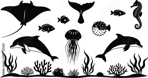 Ocean silhouette a collection of marine life in black and white