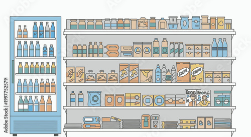 Illustration of a well-stocked grocery store shelf and refrigerator with various food and drink products in a colorful, flat design against a white background.