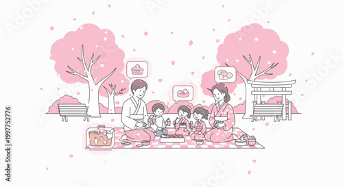 A family of four having a picnic on a blanket in a park with pink cherry blossom trees and a traditional Japanese gate in the background with a joyful and serene mood.