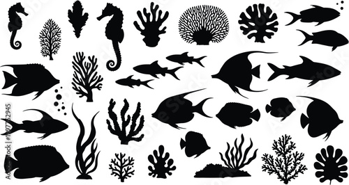 Black silhouette collection of marine life and underwater ecosystem elements
