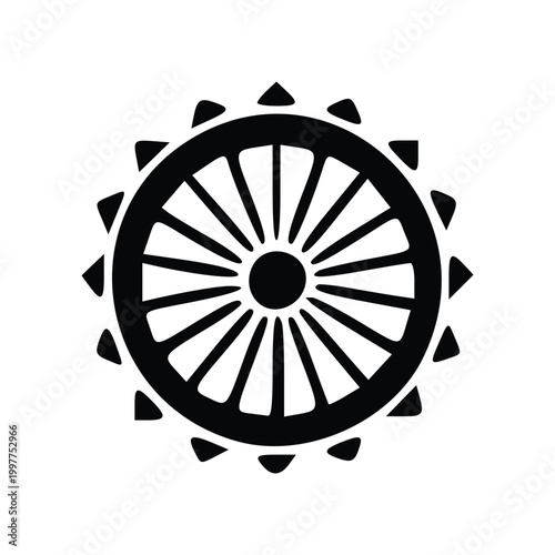 A black and white graphic illustration of a Dharma wheel, a symbol of Buddhism.