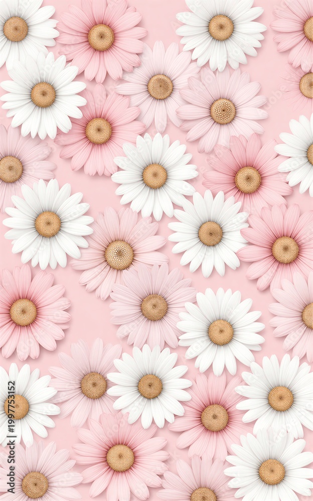 Fototapeta premium Pink and white daisies bloom softly against a gentle pink background.