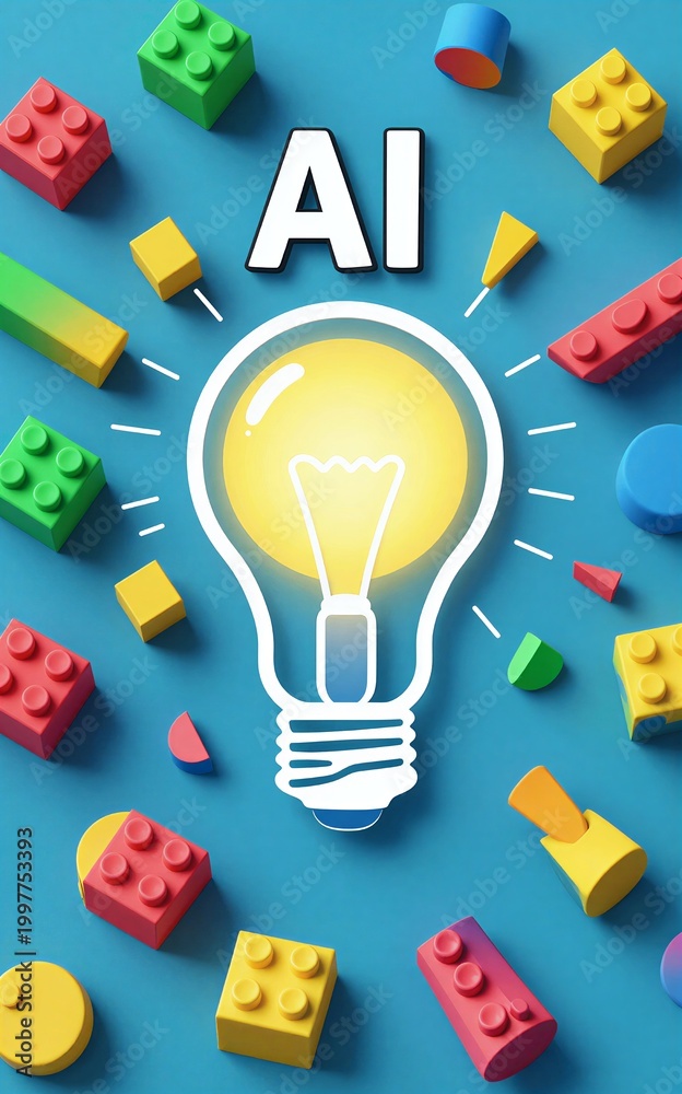 Fototapeta premium AI light bulb surrounded by colorful building blocks symbolizing