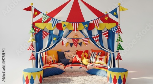 A Joyful Circus Big Top Play Tent Filled With Colorful Cushions and Festive Banners For Children's Indoor Fun
