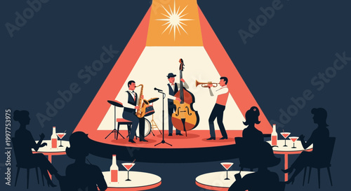 Mid century vector illustration of a jazz band performing live on stage at a nightclub
