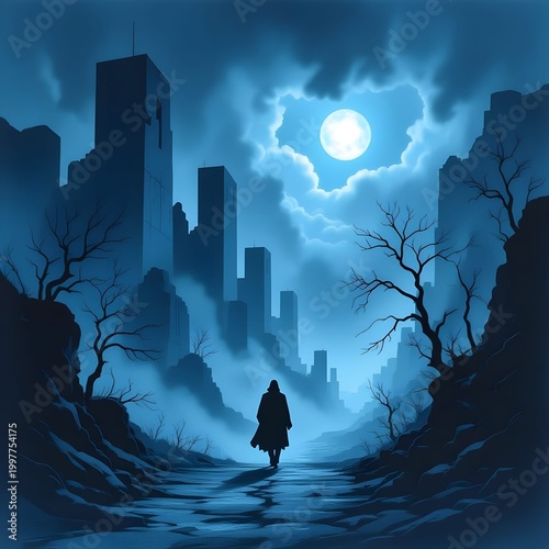 lone silhouette figure walking through a desolate blue landscape 