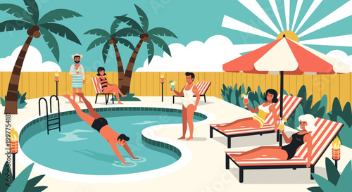People dive into a mid-century vector pool surrounded by palm trees and sunbathing on lounge chairs