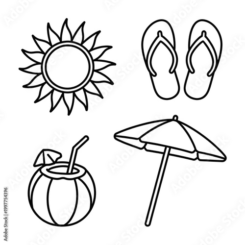 illustration vector line art set of summer elements, sun, flip flops, coconut drink, beach ball, umbrella, isolated on white