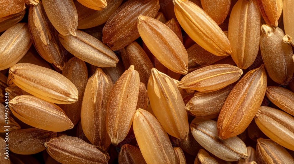 Fototapeta premium Close-up View of Raw Rice Grains Displaying Varied Shades of Brown and Tan for Culinary and Agricultural Use in Cookbooks and Food Industry