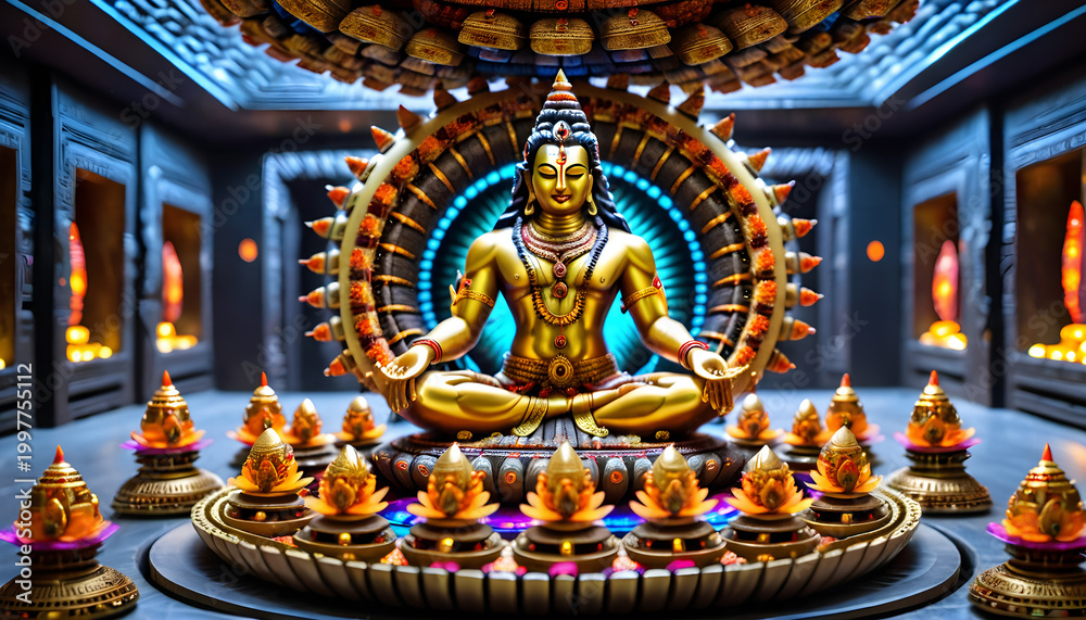 Fototapeta premium Golden Deity Statue in Sacred Temple Interior with Lotus Offerings