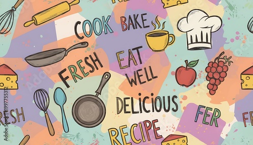 Colorful Kitchen Mythical Craft Pattern with Cookware and Fruits