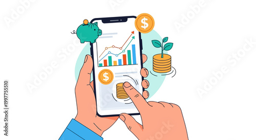 Hands holding smartphone with financial graphs, coins, and growing plant on screen