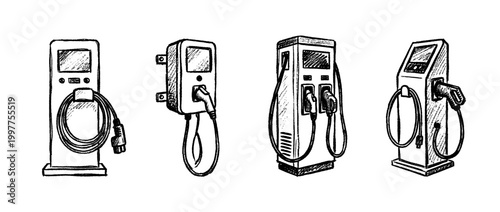 ev charging station , chalk texture vector set