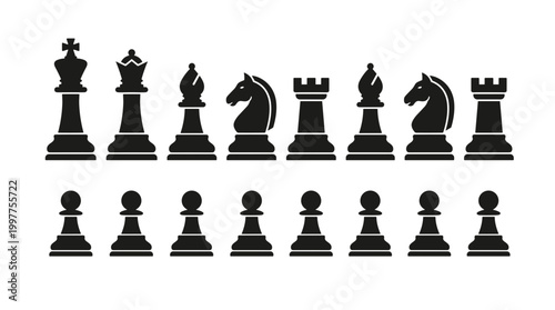 Black chess pieces set arranged in strategic formation