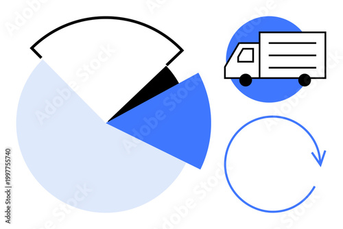 Logistics, delivery, workflow, supply chain, data analytics, efficiency. Flat-style pie chart, truck icon and circular arrow. Logistics and delivery visual with icons and charts