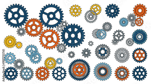 Collection of colorful gears and cogs for machinery