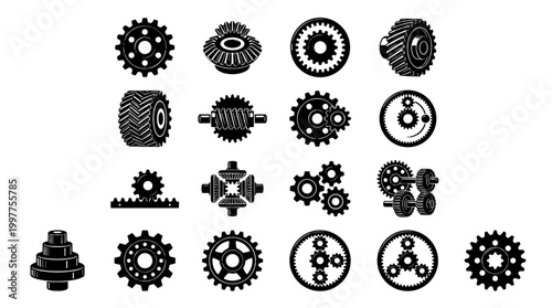 Collection of mechanical gears and cogs in black