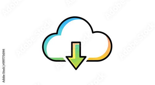 Cloud download icon with colorful outline and green arrow pointing down.