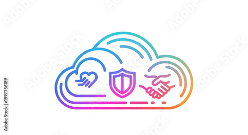 Cloud security and trust icon with heart, shield, and handshake symbols, gradient colors