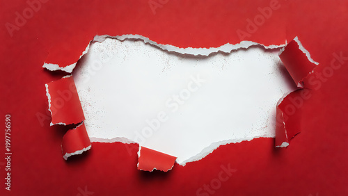 A torn red paper background with a ragged hole revealing a clean white space for text or design.