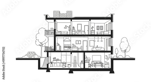 Architectural cross-section of a multi-story house, line art cutaway illustration showing interior rooms and furniture for home design and coloring projects