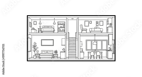 Modern House Interior Cross Section Line Art Illustration - Two Story Home Architecture Plan with Furniture Outline for Coloring Book