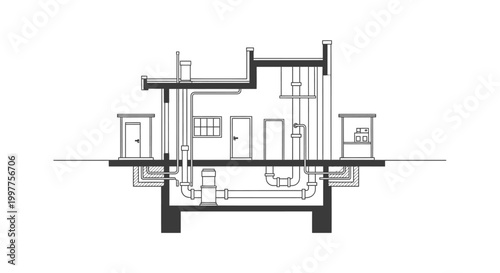 Residential House Plumbing and Drainage System Cross-Section Technical Diagram