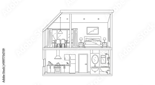 Simple Line Art Cross Section of Two Story House Interior with Kitchen Bathroom Bedroom and Dining Room for Architecture and Coloring