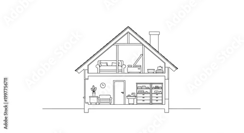 Minimalist house cross-section line art illustration showing interior layout with living room and attic bedroom on white background