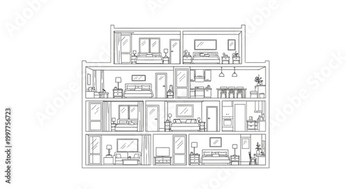 Minimalist House Cross Section Line Art Illustration with Multiple Rooms and Interior Furniture Layout