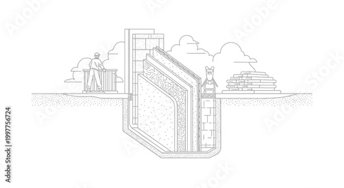 Technical Line Art Illustration of a Construction Site Showing Wall Insulation Layers and Building Foundation with Worker and Robot