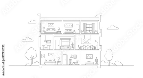 Architectural Cross Section House Line Art Illustration with Multiple Rooms and Furniture