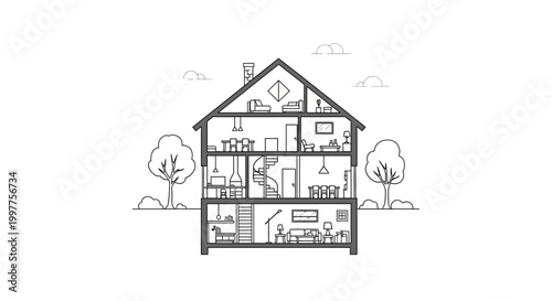 Minimalist House Cross-Section Illustration showing Interior Rooms and Furniture in Line Art Style