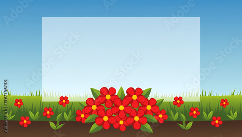A vibrant outdoor scene with a blank rectangular frame surrounded by red flowers, green grass, and a blue sky.