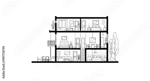 Architectural House Cross-Section Line Art - Multi-Story Home Layout Cutaway with Interior Rooms and Furniture Sketch