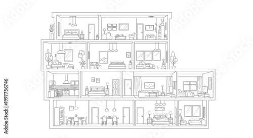 Modern Multi-Story House Interior Cross-Section Line Art Drawing, Minimalist Architectural Apartment Building Cutaway for Coloring Page and Design Planning