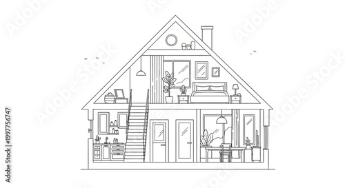 Minimalist House Cross-Section Line Art Illustration, Modern Two-Story Home Interior Design Cutaway Drawing for Coloring Page or Architecture Concept