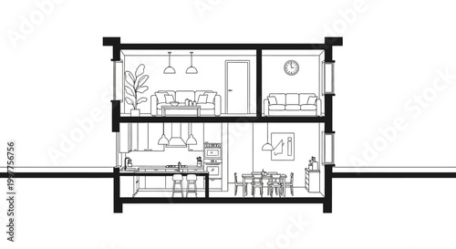 Architectural Cross-Section of a Two-Story House Interior Sketch with Furniture, Kitchen, and Living Room in Minimalist Line Art Style