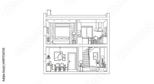 Minimalist Two-Story House Cross-Section Line Art Vector Illustration showing Bedroom, Kitchen, Living Room, and Dining Area