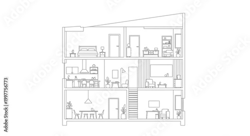 Minimalist House Cross-Section Illustration with Modern Interior Rooms and Furniture