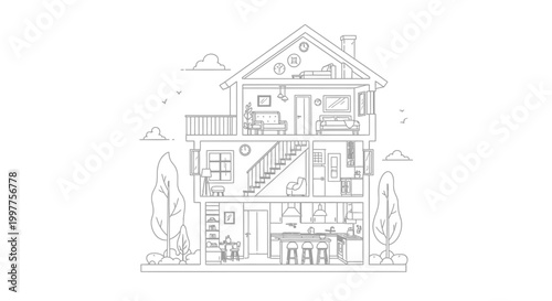 Cross-Section House Interior Line Art Illustration - Multi-Story Home Architecture Cutaway with Kitchen, Living Room, and Bedrooms for Coloring Page