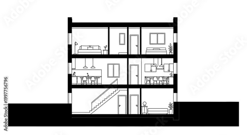 Architectural Section View of a Modern Three-Story House Line Art Illustration