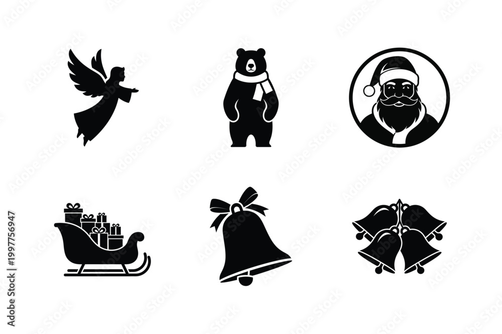 Fototapeta premium Christmas winter seasonal holiday flat design black silhouettes collection set of angel bear santa claus sleigh bells.
