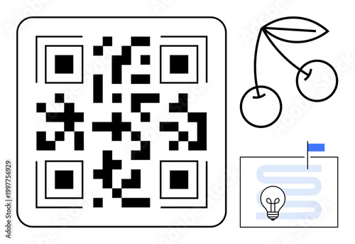 QR code concept. QR code displayed with cherry and map a lightbulb icon, merging technology, data, and creativity. QR code applications extend to marketing, technology, branding, innovation