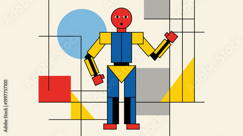 Abstract geometric robot character made of simple colorful shapes.