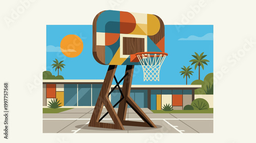 Colorful Basketball Hoop Outdoor Court.