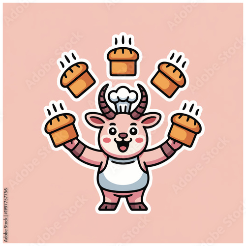 Adorable Cartoon Goat Baker Juggling Freshly Baked Muffins.